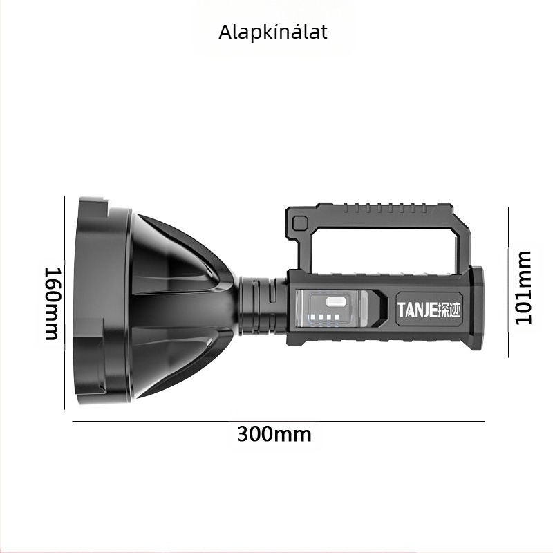 P90 kézben tartható LED keresőfény, 70W, 1200 mAh, kézi energia-generálás, töltésre tervezett, 100–200 m hatótávolság, ABS ház