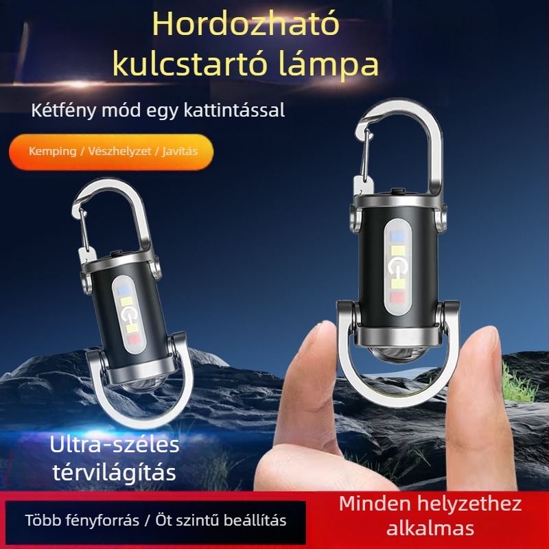 Hordozható kulcstartó zseblámpa – alumínium test; újratölthető; 360°-os forgás; teljesítmény 15–20W; fénysugár 50 m-ig