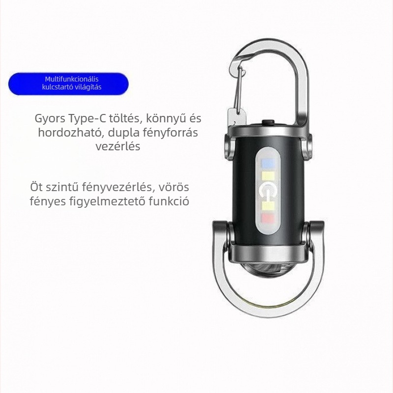 Hordozható kulcstartó zseblámpa – alumínium test; újratölthető; 360°-os forgás; teljesítmény 15–20W; fénysugár 50 m-ig