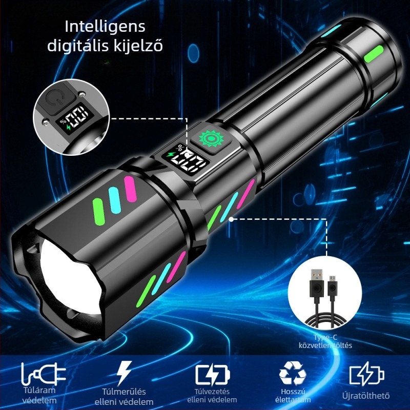 Többfunkciós LED zseblámpa 20W, 500 m+ hatótávolság, 360°-os forgás, kézi hajtás