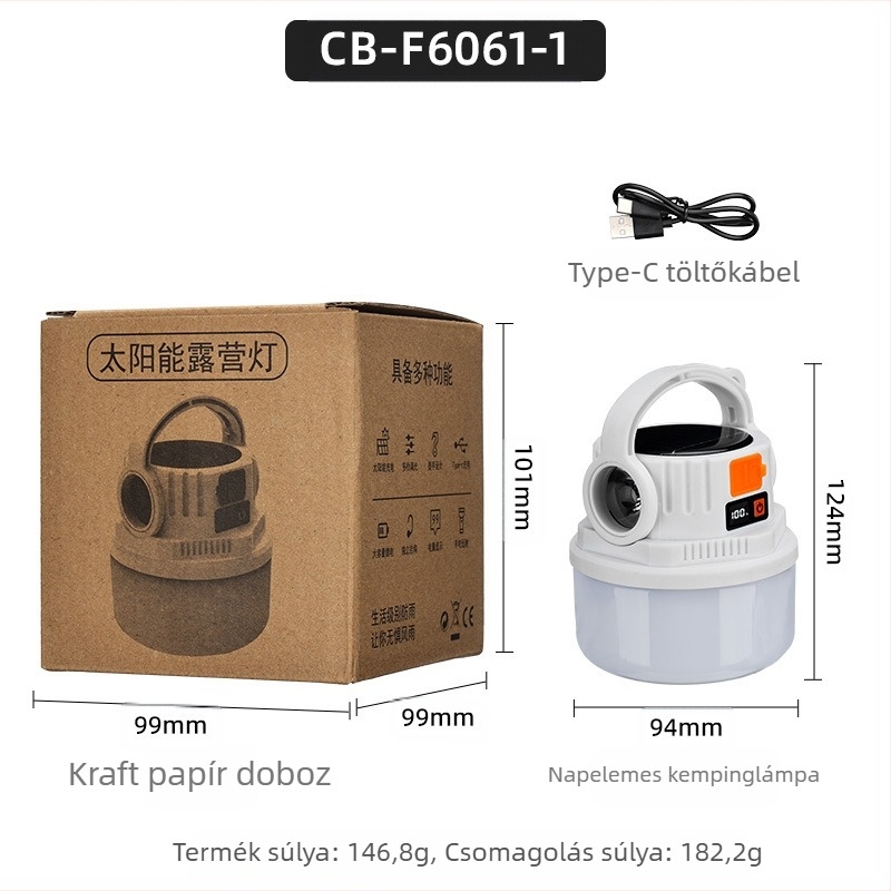 Coolba Kempinglámpa 2835 LED-del, Napelemes/akkumulátoros üzemmód, Gombkapcsoló
