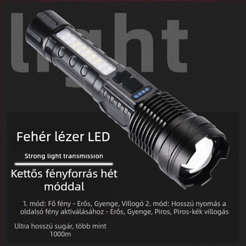 USB-ról újratölthető LED zseblámpa kültéri vészhelyzeti világításhoz – COB munkalámpa lézerfénnyel, 30W, beépített 18650 akkumulátor, hatótávolság 200–500 m