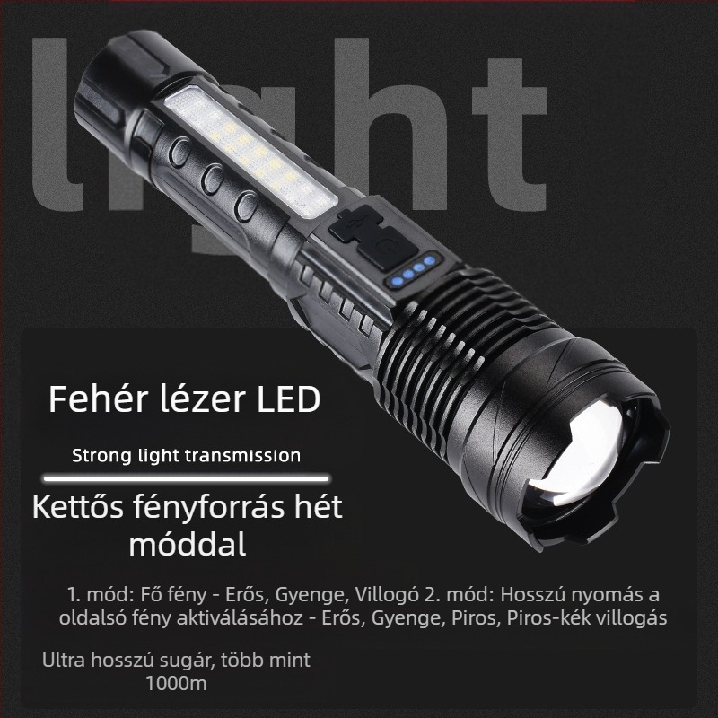 USB-ról újratölthető LED zseblámpa kültéri vészhelyzeti világításhoz – COB munkalámpa lézerfénnyel, 30W, beépített 18650 akkumulátor, hatótávolság 200–500 m