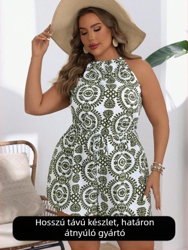 Női overál ujjatlan, hátsó rész nélküli, magas derék, 3/4 hosszú, poliészter