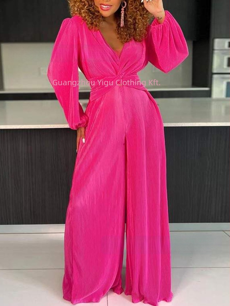 Pliszírozott hosszú ujjú overál egyenes szabású nadrággal, poliészter-spandex anyag, street hipster stílus, tavasz 2025