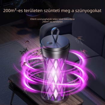 Elektronikus sokkoló szúnyogriasztó lámpa, újratölthető, LED világítással, ABS tokozás, alumínium háló, beépített 1001–1600 mAh akkumulátor, lefedettség 10 m²-ig