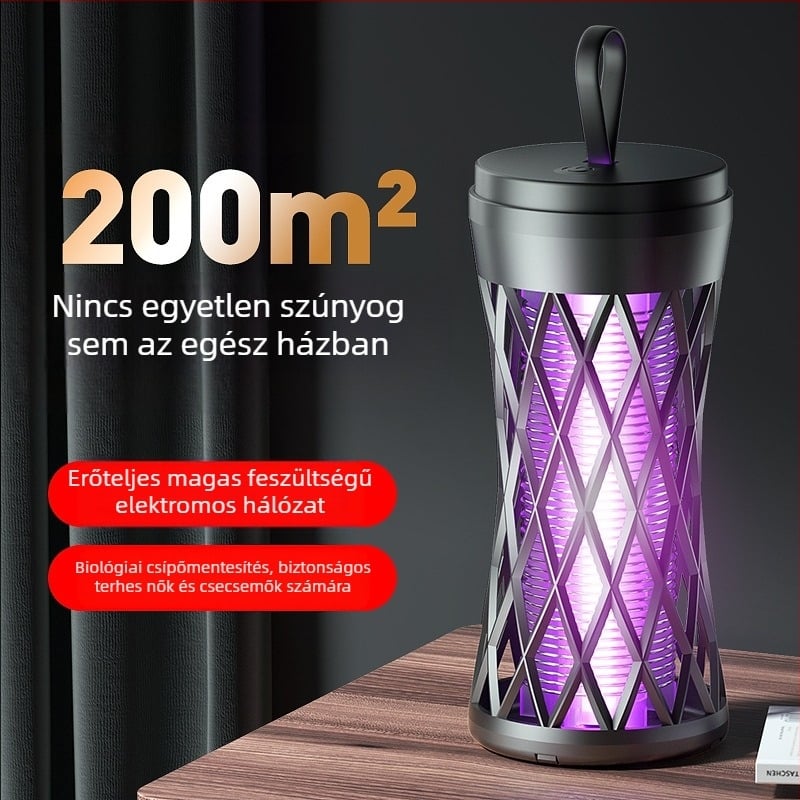 Elektronikus sokkoló szúnyogriasztó lámpa, újratölthető, LED világítással, ABS tokozás, alumínium háló, beépített 1001–1600 mAh akkumulátor, lefedettség 10 m²-ig