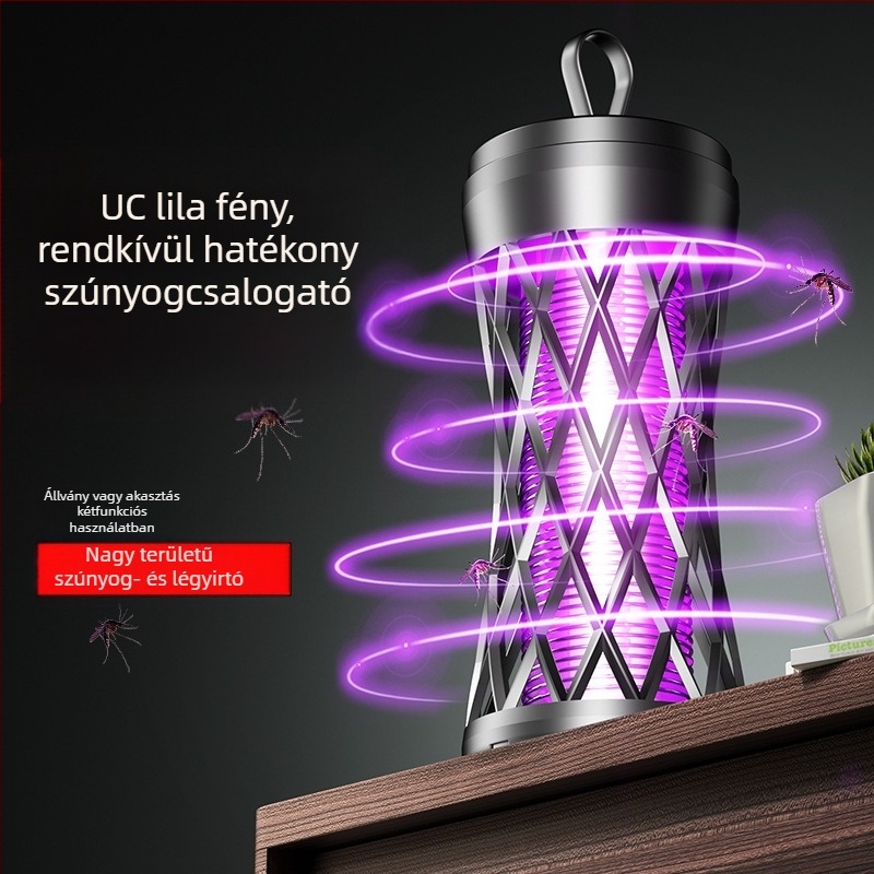 Elektronikus sokkoló szúnyogriasztó lámpa, újratölthető, LED világítással, ABS tokozás, alumínium háló, beépített 1001–1600 mAh akkumulátor, lefedettség 10 m²-ig