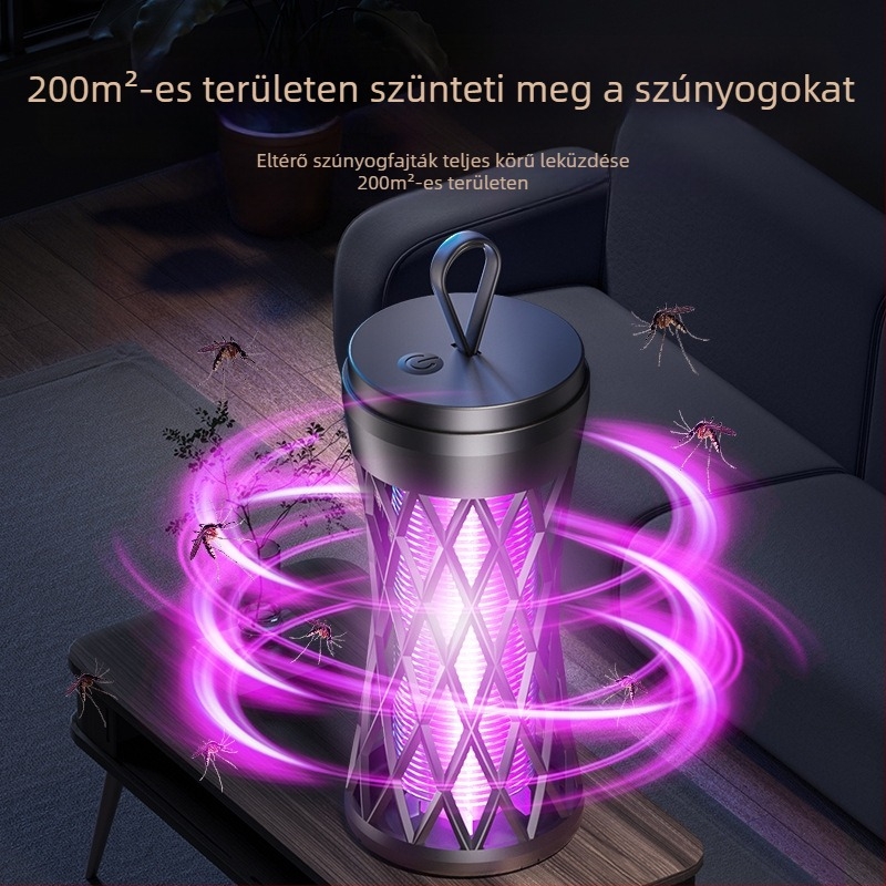 Elektronikus sokkoló szúnyogriasztó lámpa, újratölthető, LED világítással, ABS tokozás, alumínium háló, beépített 1001–1600 mAh akkumulátor, lefedettség 10 m²-ig