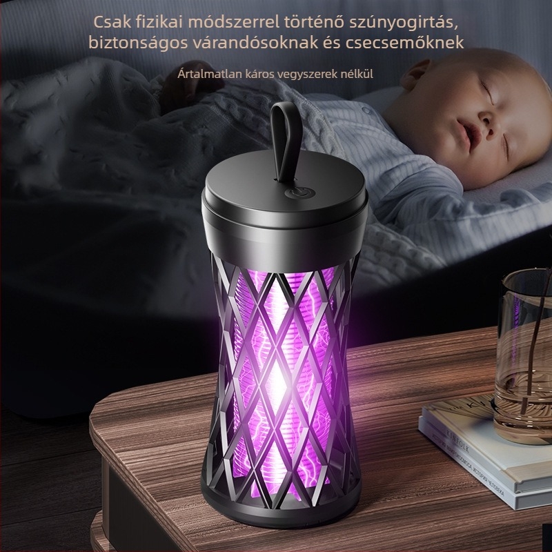 Elektronikus sokkoló szúnyogriasztó lámpa, újratölthető, LED világítással, ABS tokozás, alumínium háló, beépített 1001–1600 mAh akkumulátor, lefedettség 10 m²-ig