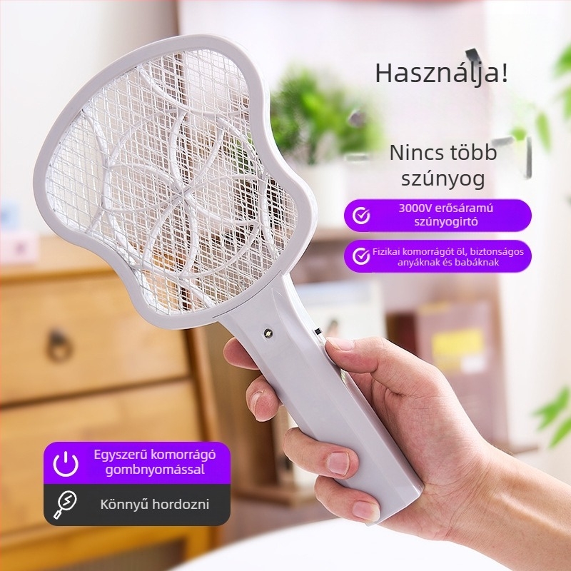 Elektromos kézi szúnyogcsapó LED-del, alumínium hálóval, rögzített fej, beépített akkumulátor nélkül, alkalmas 10 m²-ig