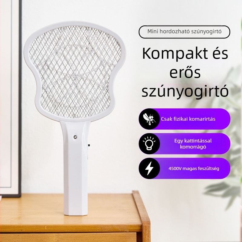Elektromos kézi szúnyogcsapó LED-del, alumínium hálóval, rögzített fej, beépített akkumulátor nélkül, alkalmas 10 m²-ig