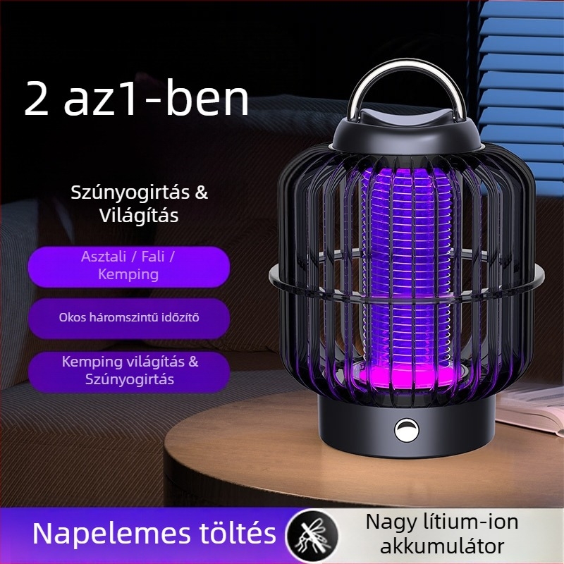 Szúnyogölő lámpa elektromos sokkal, madárkalicka-stílus, beépített akkumulátor, LED környezeti fény, 21–30㎡ lefedettség, 1 órás töltés