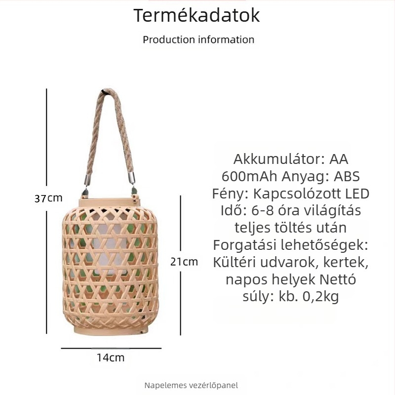 Kerti napelemes lámpa kínai retro pastoral stílusban, bambusz imitáció, IP55 vízálló, LED fényforrás, modell 888, 6–12 órás világítás