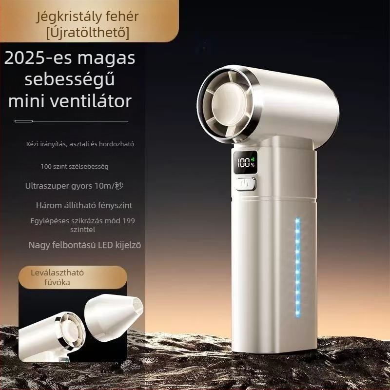 Kézben tartható brushless ventilátor beépített 6000mAh akkumulátorral, USB-tápellátás, ABS ház, 6+ lapát, zaj 60–70 dB