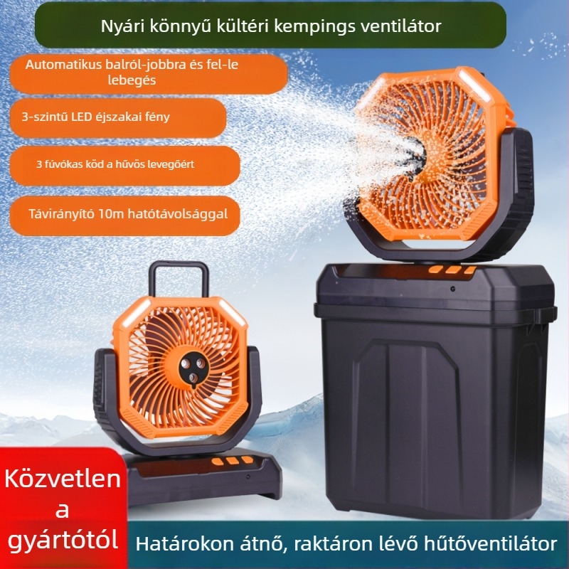 Kempingező permetező ventilátor USB-táplálású, sátorvilágítással, beépített 6000mAh akkumulátor, 3-lapátos brushless motor, 4 sebesség, távirányító