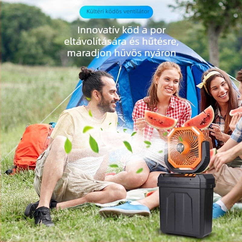 Kempingező permetező ventilátor USB-táplálású, sátorvilágítással, beépített 6000mAh akkumulátor, 3-lapátos brushless motor, 4 sebesség, távirányító