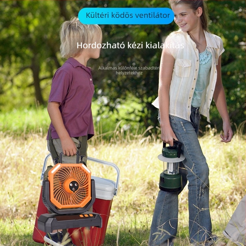 Kempingező permetező ventilátor USB-táplálású, sátorvilágítással, beépített 6000mAh akkumulátor, 3-lapátos brushless motor, 4 sebesség, távirányító