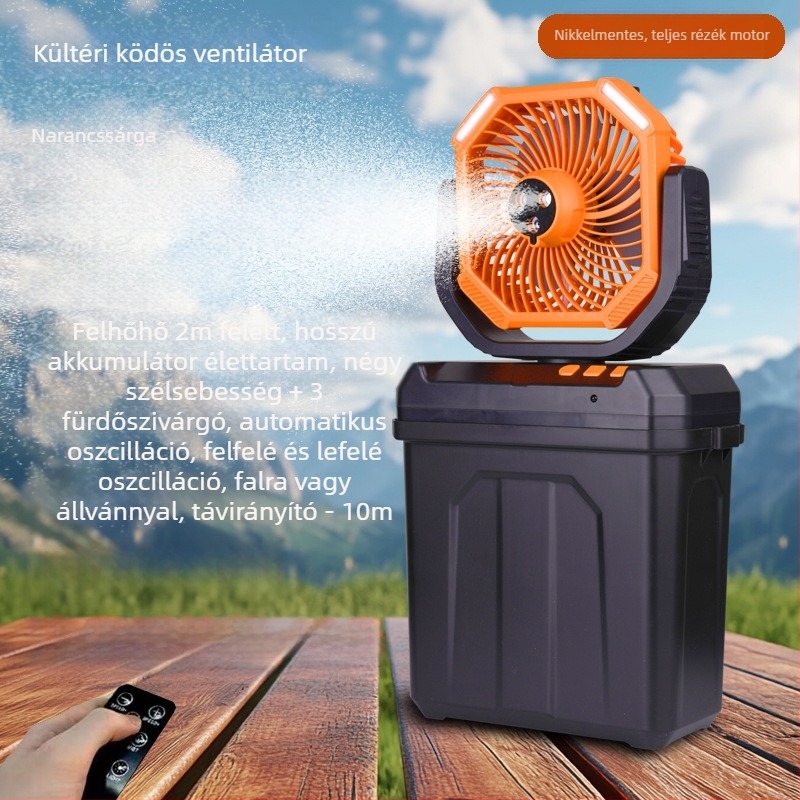 Kempingező permetező ventilátor USB-táplálású, sátorvilágítással, beépített 6000mAh akkumulátor, 3-lapátos brushless motor, 4 sebesség, távirányító