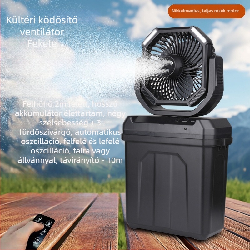 Kempingező permetező ventilátor USB-táplálású, sátorvilágítással, beépített 6000mAh akkumulátor, 3-lapátos brushless motor, 4 sebesség, távirányító