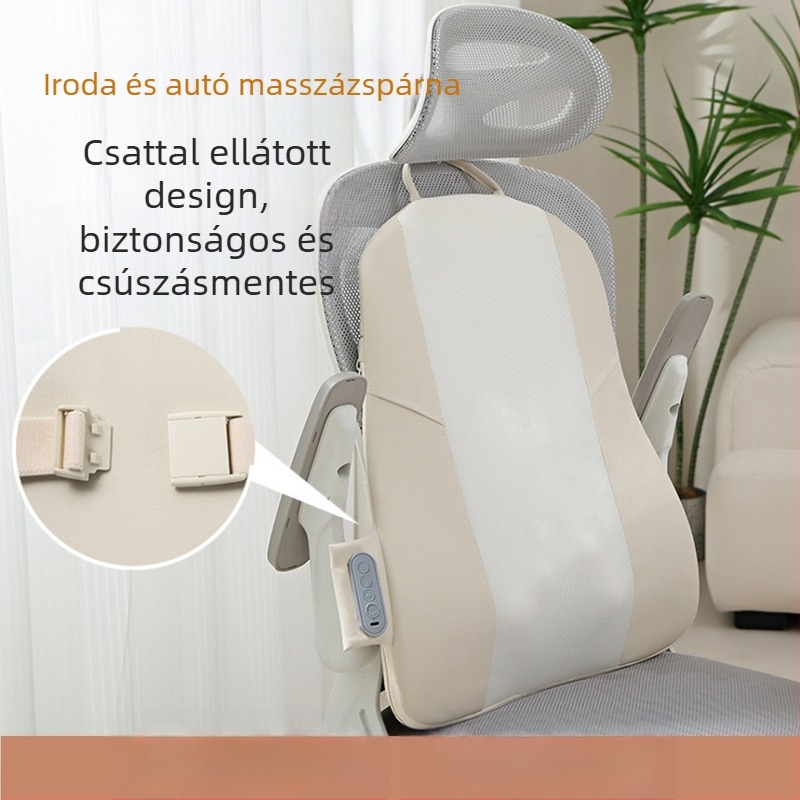 Derék- és hátmasszázs párna, 2 masszázsfejjel, gyúrás, vörös fényű meleg kompresszió, infravörös terápia, otthoni és autóhasználatra