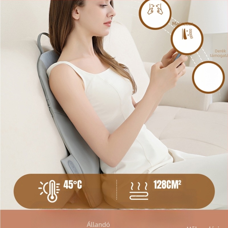 Derék- és hátmasszázs párna, 2 masszázsfejjel, gyúrás, vörös fényű meleg kompresszió, infravörös terápia, otthoni és autóhasználatra