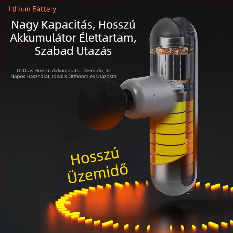 Mini hordozható fascia masszírozó otthoni használatra; kefés motor; 5. fokozat vagy magasabb; 4 masszázsfej; beépített akkumulátor; zaj 36 dB alatt