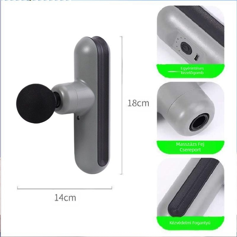 Mini hordozható fascia masszírozó otthoni használatra; kefés motor; 5. fokozat vagy magasabb; 4 masszázsfej; beépített akkumulátor; zaj 36 dB alatt