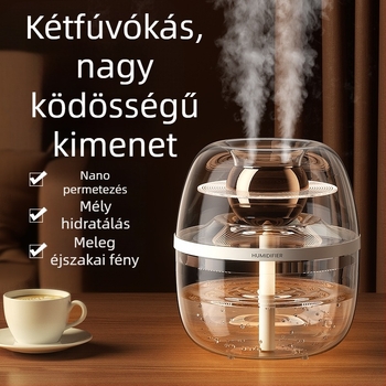 Átlátszó kristályos légnedvesítő otthonra, nagy kapacitás 2.6–4.0 L, alkalmas helyiségekig 30 m², 2 párásító kimenet, halk működés, USB tápegység, kör alakú dizájn, időzítő több mint 8 óra.