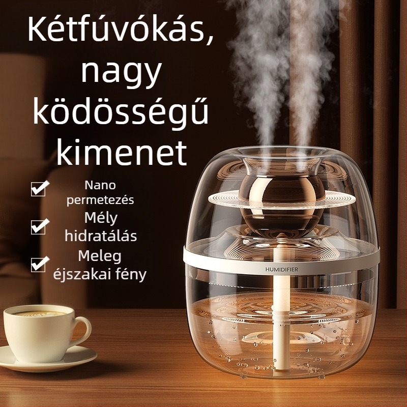 Átlátszó kristályos légnedvesítő otthonra, nagy kapacitás 2.6–4.0 L, alkalmas helyiségekig 30 m², 2 párásító kimenet, halk működés, USB tápegység, kör alakú dizájn, időzítő több mint 8 óra.