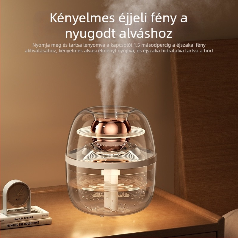 Átlátszó kristályos légnedvesítő otthonra, nagy kapacitás 2.6–4.0 L, alkalmas helyiségekig 30 m², 2 párásító kimenet, halk működés, USB tápegység, kör alakú dizájn, időzítő több mint 8 óra.
