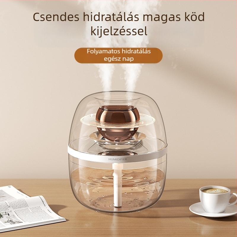 Átlátszó kristályos légnedvesítő otthonra, nagy kapacitás 2.6–4.0 L, alkalmas helyiségekig 30 m², 2 párásító kimenet, halk működés, USB tápegység, kör alakú dizájn, időzítő több mint 8 óra.