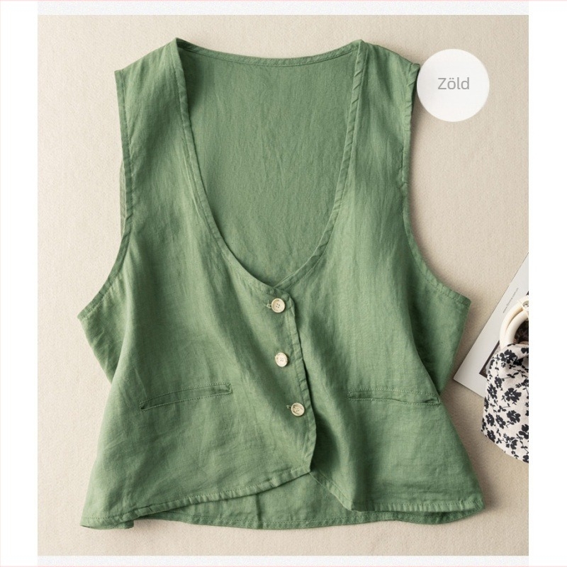 V-nyakú mellény, irodalmi retró stílus, pamut-len anyag, laza szabás, rövid hosszú (40–50 cm)