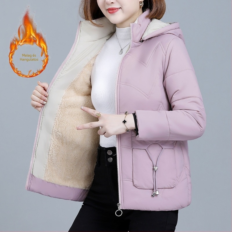 Női rövid pamut kabát fleece belsővel, téli 2024, laza szabás, kapucnis, cipzáras záródás