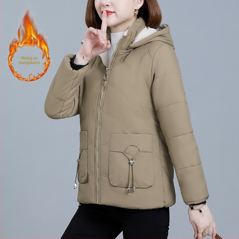 Női rövid pamut kabát fleece belsővel, téli 2024, laza szabás, kapucnis, cipzáras záródás