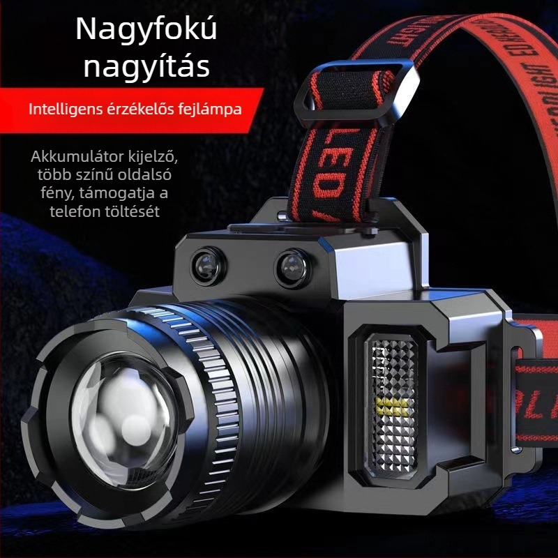 Fejre szerelt LED fejlámpa USB töltéssel, kültéri horgászathoz — szenzoros éjszakai világítás, 360° forgás, 30W, 4800mAh, 200–500 m hatótáv