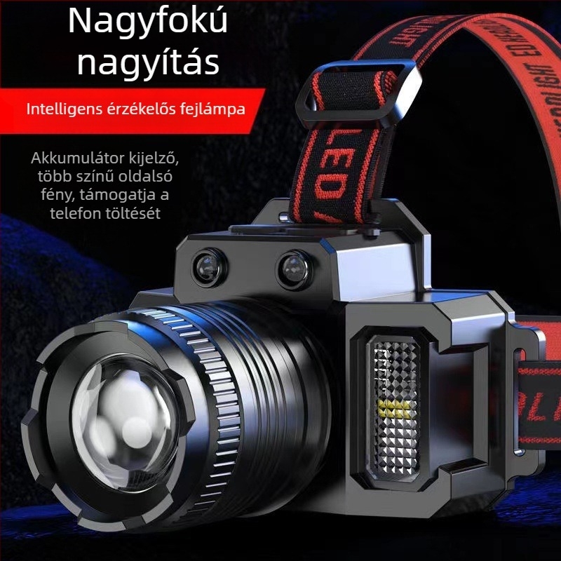 Fejre szerelt LED fejlámpa USB töltéssel, kültéri horgászathoz — szenzoros éjszakai világítás, 360° forgás, 30W, 4800mAh, 200–500 m hatótáv