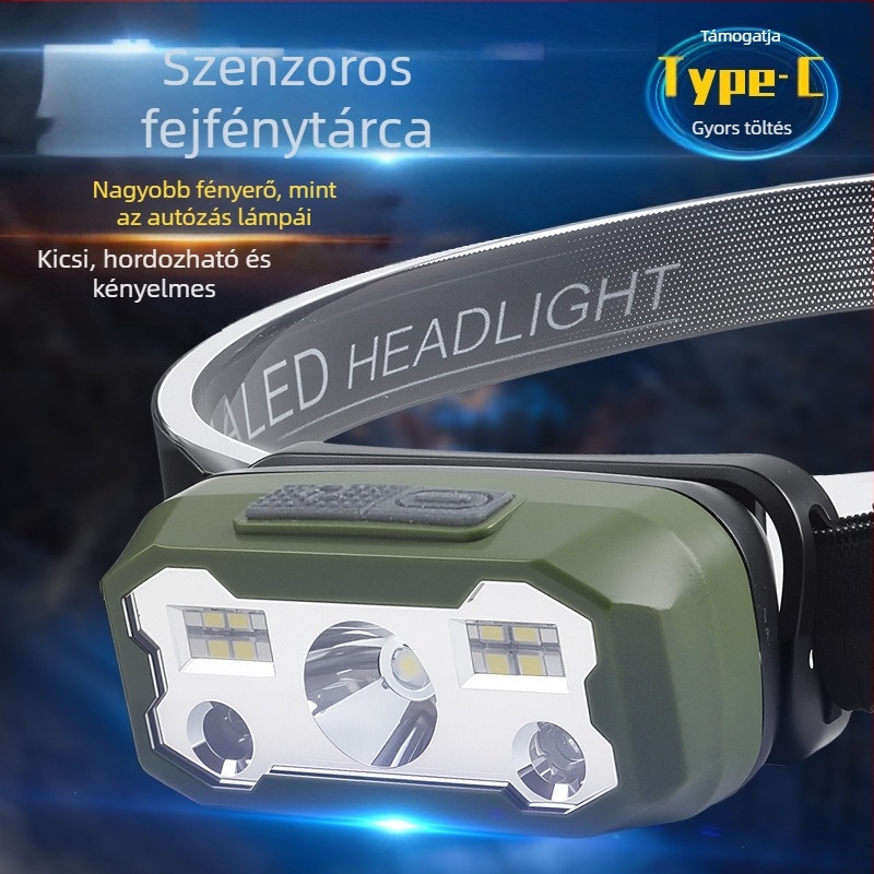 LED fejlámpa, 5W, Type-C töltés, magas sűrűségű Li-ion akkumulátor, 200-500 m hatótávolság