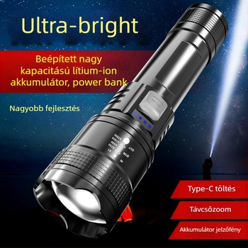 Tölthető LED zseblámpa teleszkópos zoommal és digitális kijelzővel (LED, 1200mAh, 3W, Teleszkópos zoom, Digitális kijelző)