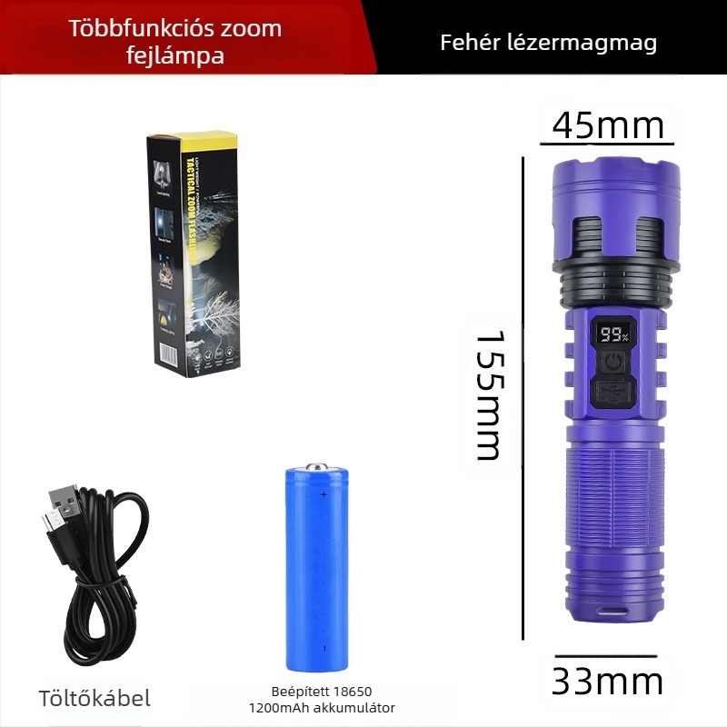 LED zseblámpa, kézi hajtású, 5W, 1200mAh, hatótáv 100–200 m