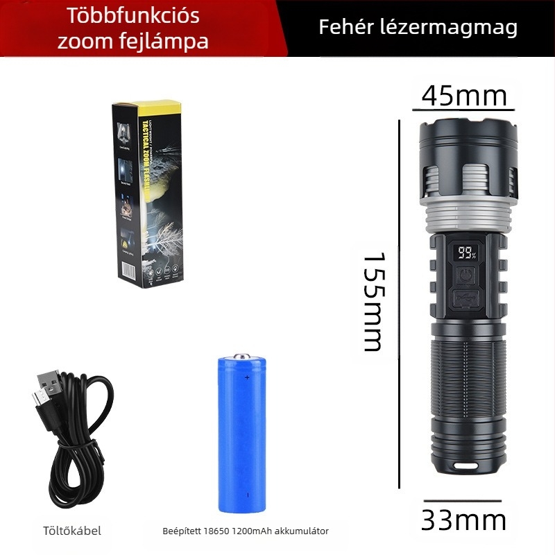 LED zseblámpa, kézi hajtású, 5W, 1200mAh, hatótáv 100–200 m