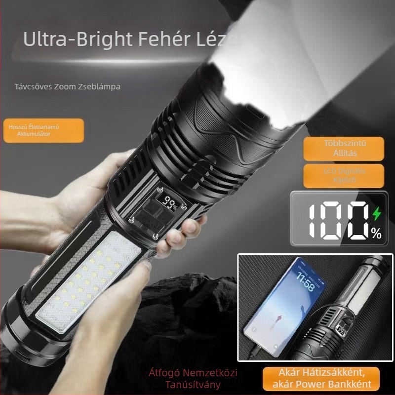 LED elemlámpa alumínium ötvözetből, 15W, beépített 5400 mAh akkumulátor, újratölthető, Power Bank funkcióval, 500 m feletti hatótávolság