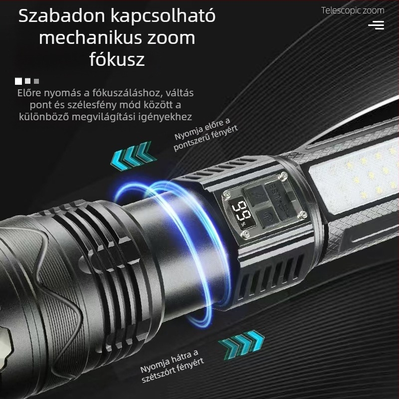 LED elemlámpa alumínium ötvözetből, 15W, beépített 5400 mAh akkumulátor, újratölthető, Power Bank funkcióval, 500 m feletti hatótávolság