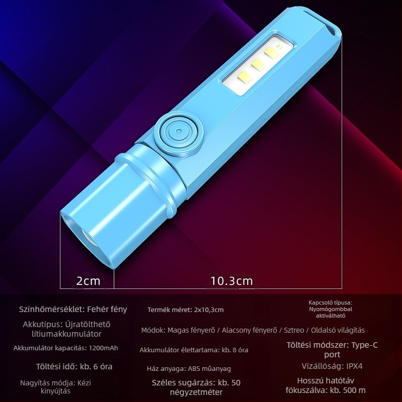 LED újratölthető mini teleszkópos elemlámpa, multifunkcionális kültéri használatra, 1W, 1200 mAh, hatótávolság 100–200 m, üzemidő 3–5 óra