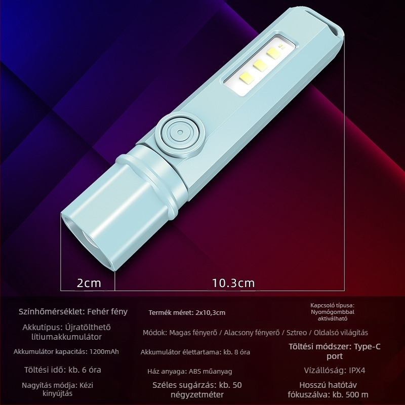 LED újratölthető mini teleszkópos elemlámpa, multifunkcionális kültéri használatra, 1W, 1200 mAh, hatótávolság 100–200 m, üzemidő 3–5 óra