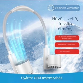 Nyakba akasztható hordozható ventilátor kettős turbínákkal, beépített akkumulátor, USB töltés, 3 fokozat, brushless motor