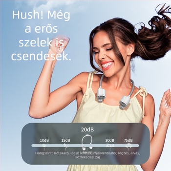 Nyakba akasztható hordozható ventilátor kettős turbínákkal, beépített akkumulátor, USB töltés, 3 fokozat, brushless motor