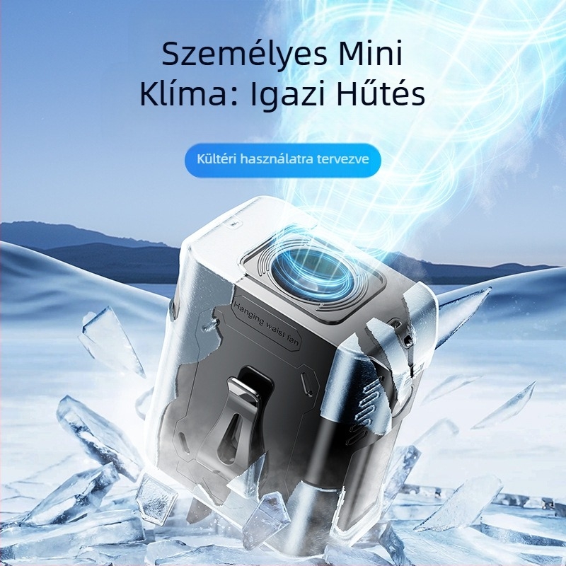 Derékhoz akasztható USB-s hordozható ventilátor kültéri használatra, 5 sebesség, digitális kijelző, beépített 6000 mAh-es akkumulátor, USB tápegység