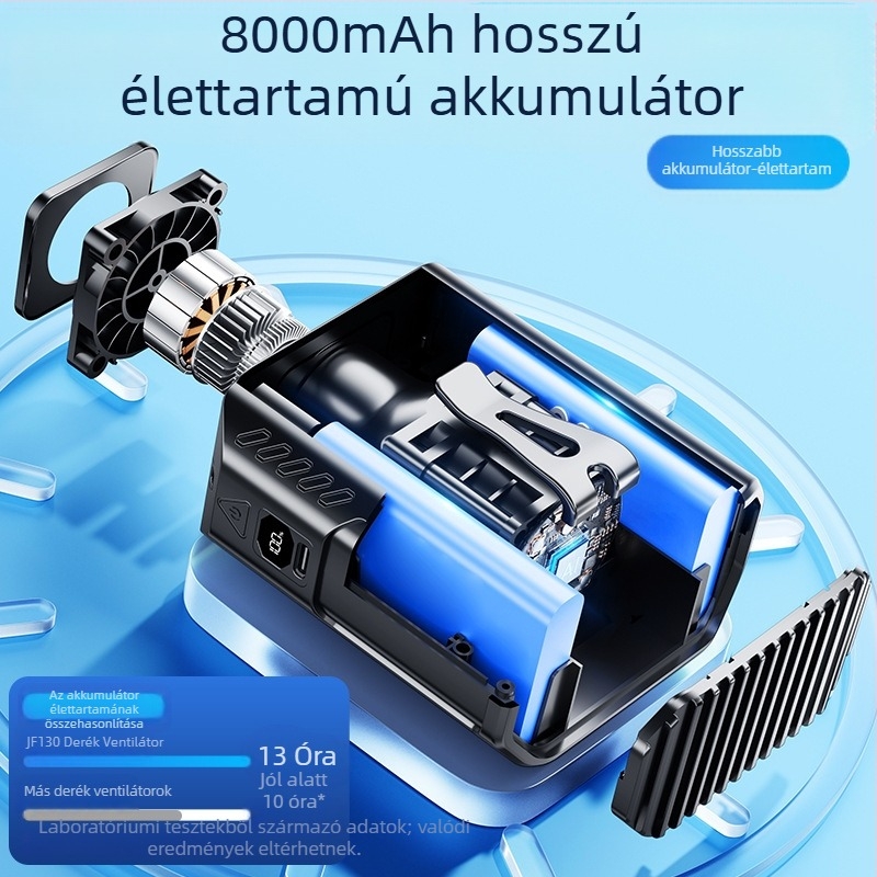 Derékhoz akasztható USB-s hordozható ventilátor kültéri használatra, 5 sebesség, digitális kijelző, beépített 6000 mAh-es akkumulátor, USB tápegység
