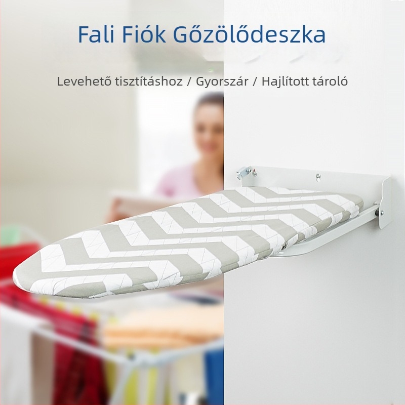 Ablakra szerelhető, összecsukható vasalódeszka vasalóállvánnyal és akasztóval – pamut borítás, tűs pamut párna, szénacél váz, műanyag lábak; 4 darab dobozban